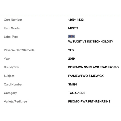 FA/ Mewtwo & Mew GX PSA 9 2019 Pokemon SM Black Star Promo Power Partnership Tin Card #SM191