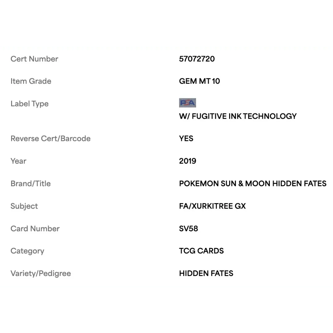 FA/Xurkitree GX PSA 10 2019 Pokemon Sun & Moon Hidden Fates Card #SV58