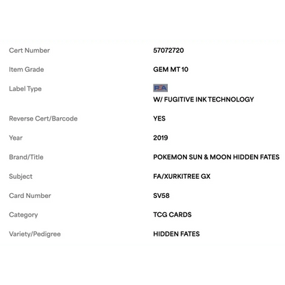FA/Xurkitree GX PSA 10 2019 Pokemon Sun & Moon Hidden Fates Card #SV58