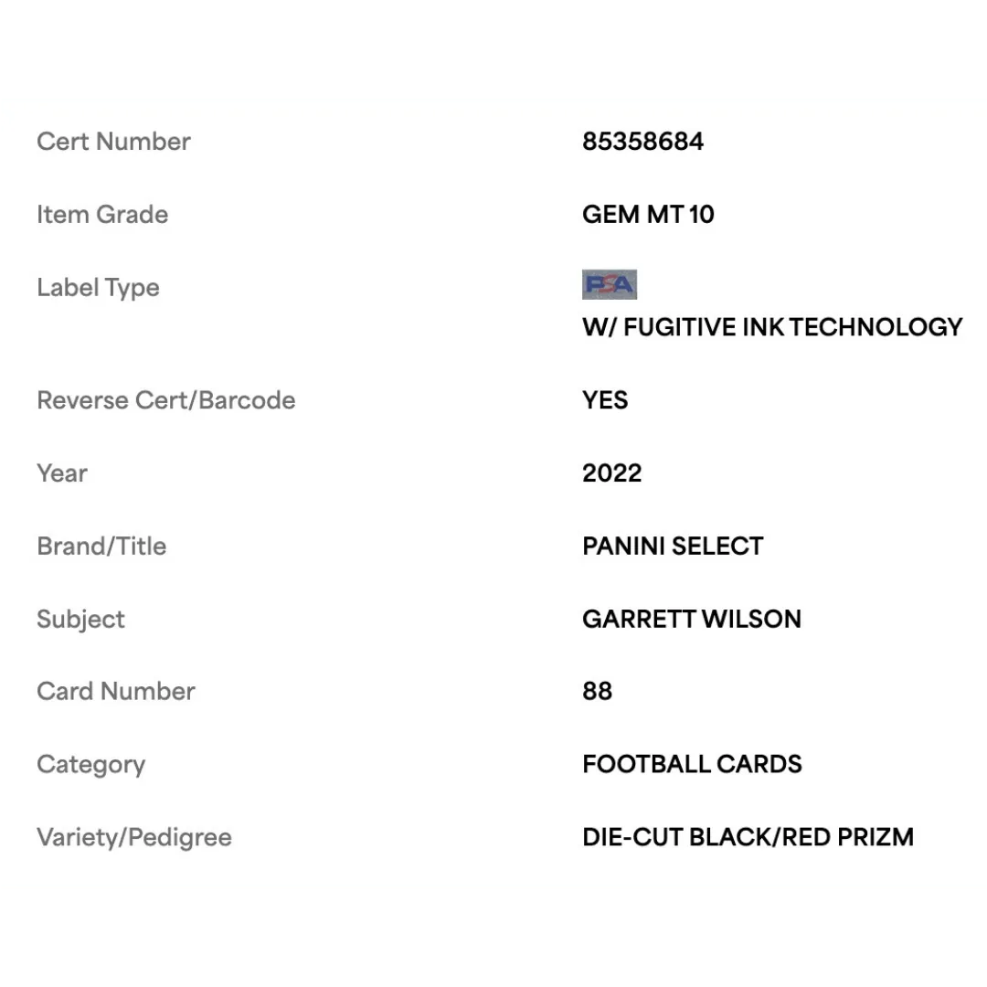 Garrett Wilson PSA 10 2022 Panini Select Die Cut Black Red Prizm Rookie RC Card #88