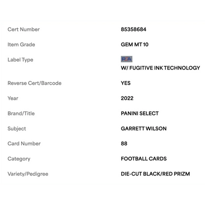 Garrett Wilson PSA 10 2022 Panini Select Die Cut Black Red Prizm Rookie RC Card #88