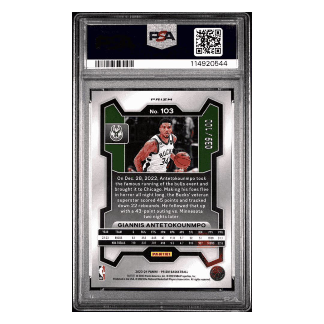 Giannis Antetokounmpo PSA 10 2023 Panini Prizm Red Fast Break #d/100 Card #103