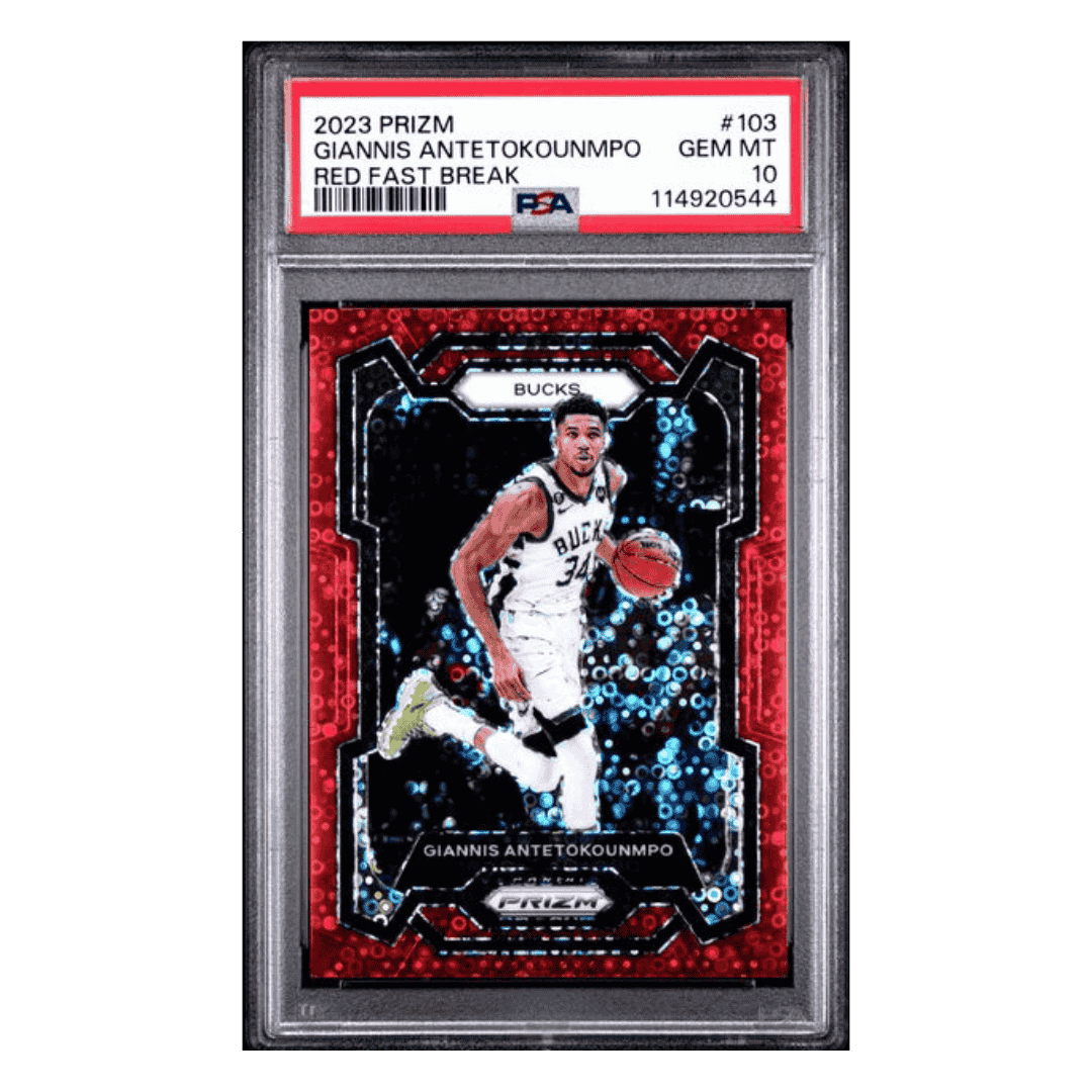 Giannis Antetokounmpo PSA 10 2023 Panini Prizm Red Fast Break #d/100 Card #103