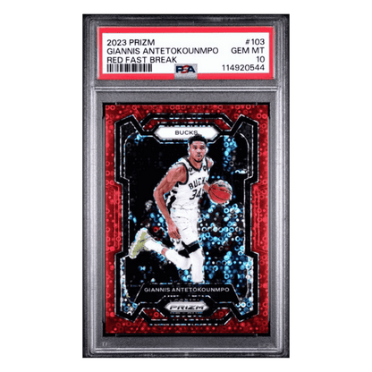 Giannis Antetokounmpo PSA 10 2023 Panini Prizm Red Fast Break #d/100 Card #103