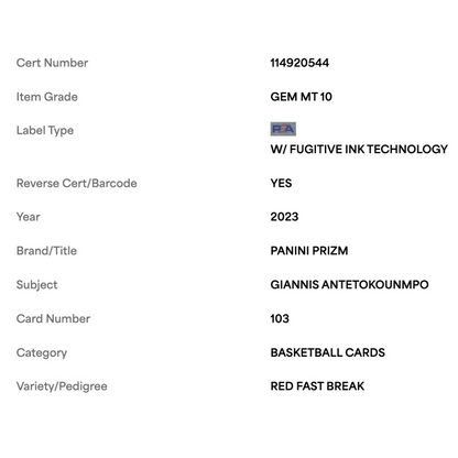 Giannis Antetokounmpo PSA 10 2023 Panini Prizm Red Fast Break #d/100 Card #103