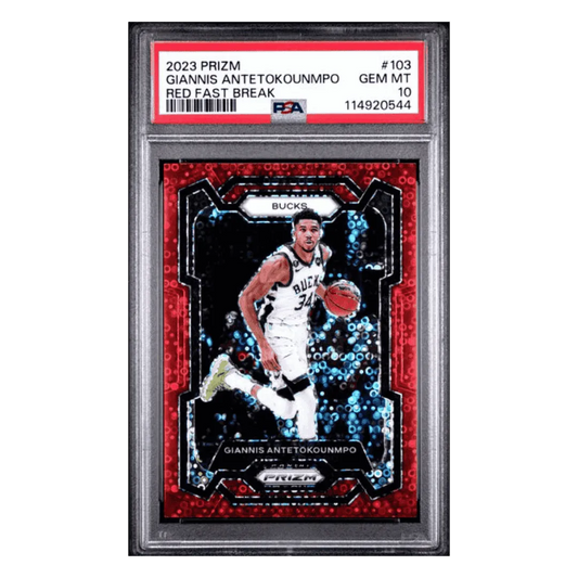 Giannis Antetokounmpo PSA 10 2023 Panini Prizm Red Fast Break #d/100 Card #103