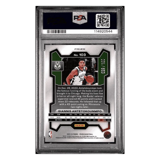 Giannis Antetokounmpo PSA 10 2023 Panini Prizm Red Fast Break #d/100 Card #103