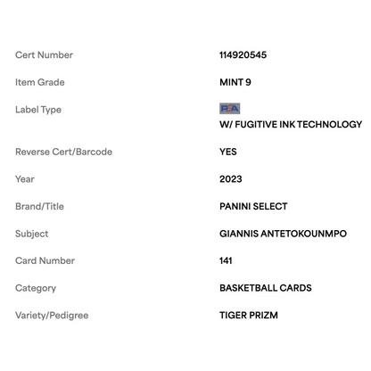 Giannis Antetokounmpo PSA 9 2023 Panini Select Tiger Prizm Card #141