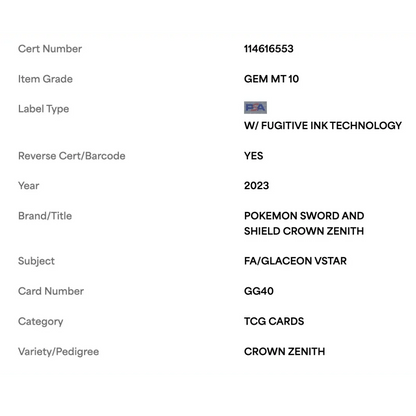 Glaceon VStar PSA 10 2023 Pokemon Swoosh Crown Zenith - Full Art Card #GG40