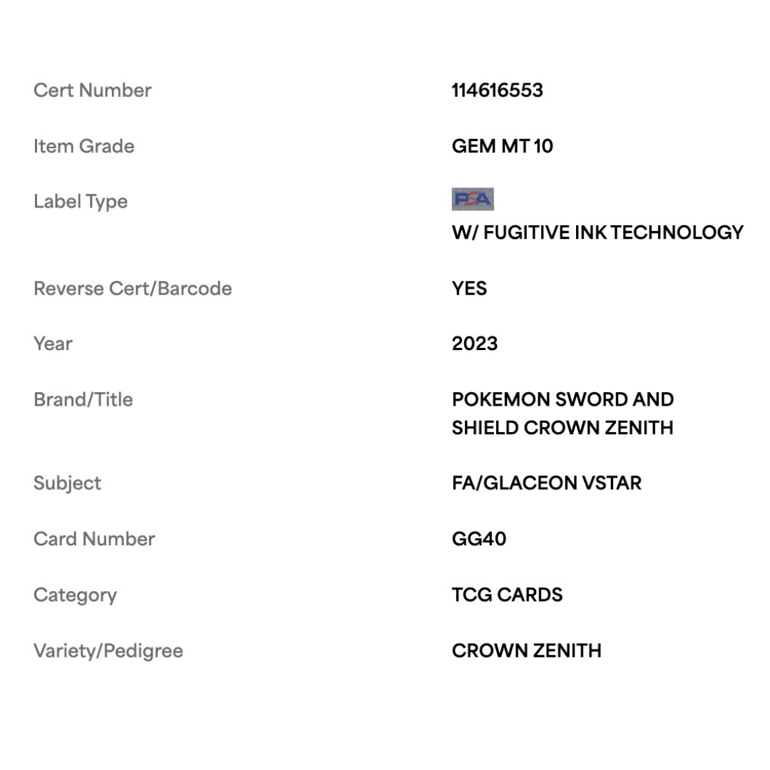 Glaceon VStar PSA 10 2023 Pokemon Swoosh Crown Zenith - Full Art Card #GG40