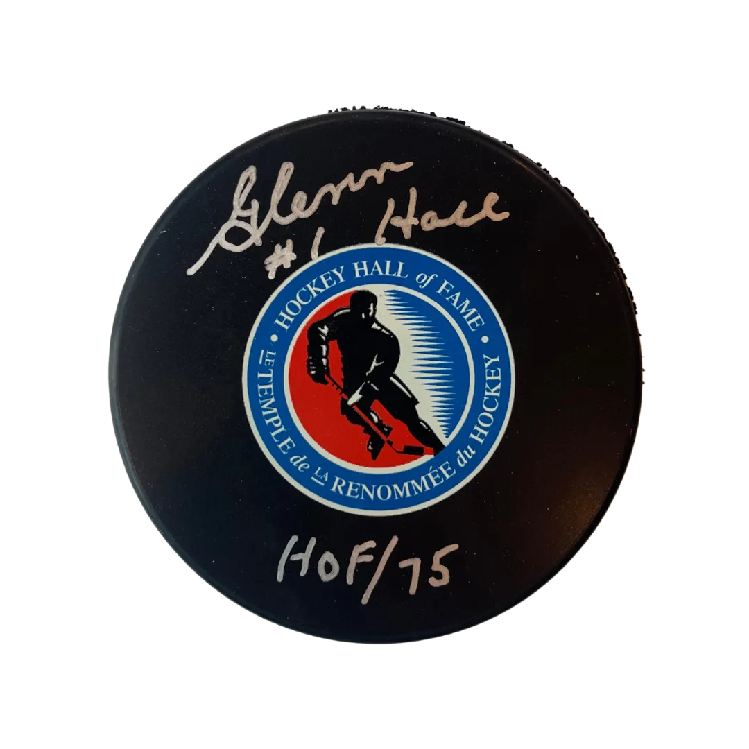 Glenn Hall St Louis Blues Autographed Hall Of Fame Puck w/ "HOF 75" Inscription - Fan Cave COA
