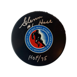 
Glenn Hall St Louis Blues Autographed Hall Of Fame Puck w/ "HOF 75" Inscription - Fan Cave COA — Front