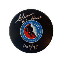 Glenn Hall St Louis Blues Autographed Hall Of Fame Puck w/ "HOF 75" Inscription - Fan Cave COA