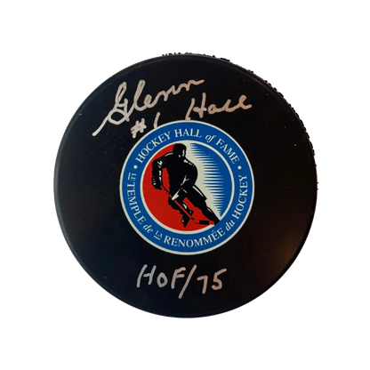 Glenn Hall St Louis Blues Autographed Hall Of Fame Puck w/ "HOF 75" Inscription - Fan Cave COA