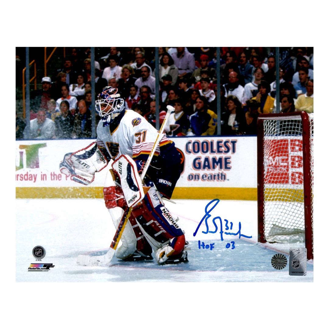 Grant Fuhr St Louis Blues Autographed Photo w/ "HOF 03" Inscription - Fan Cave COA
