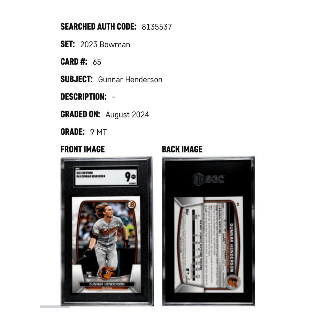 Gunnar Henderson SGC 9 2023 Bowman Rookie RC #65