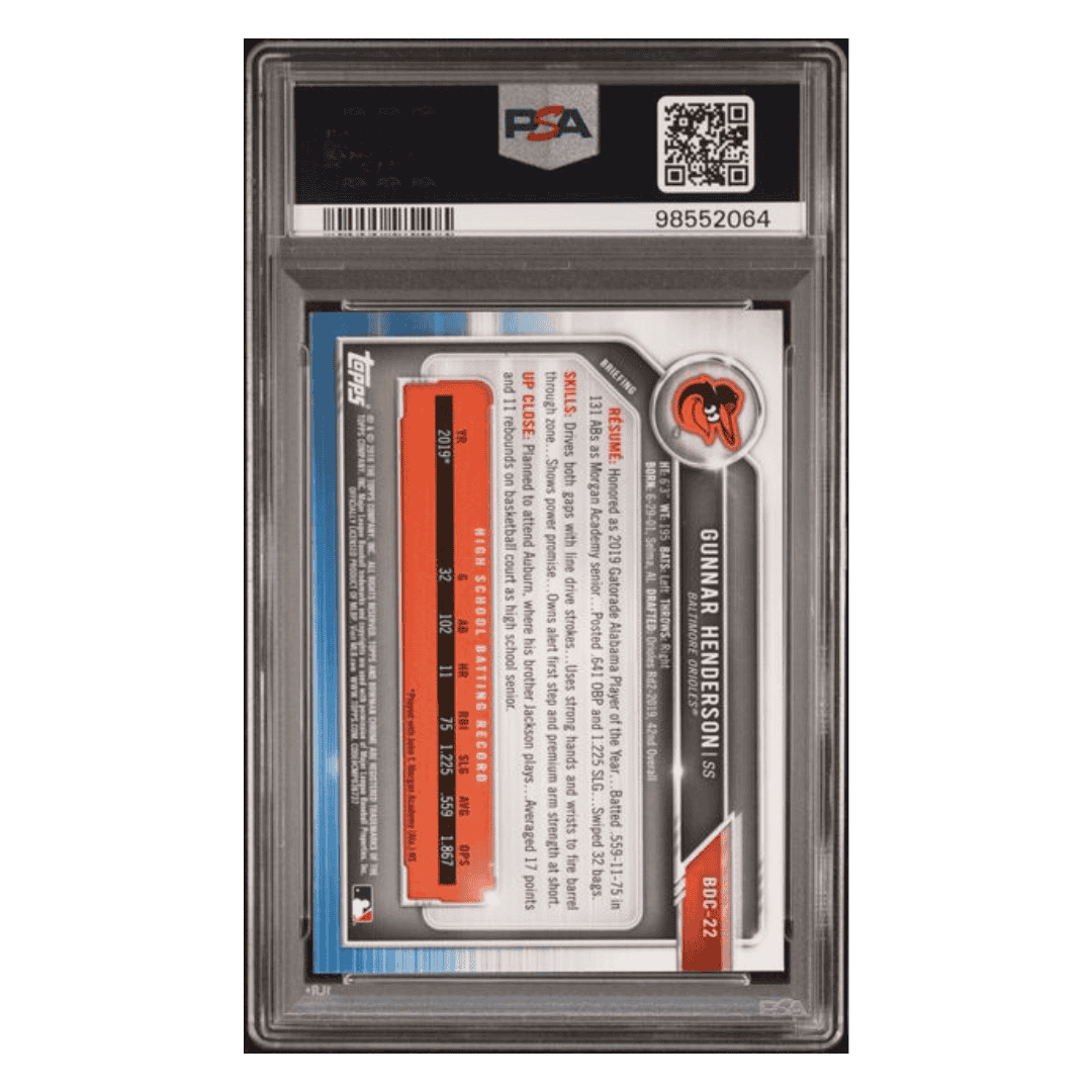 Gunnar Henderson PSA 10 2019 Topps Bowman Draft Chrome Card #BCD22
