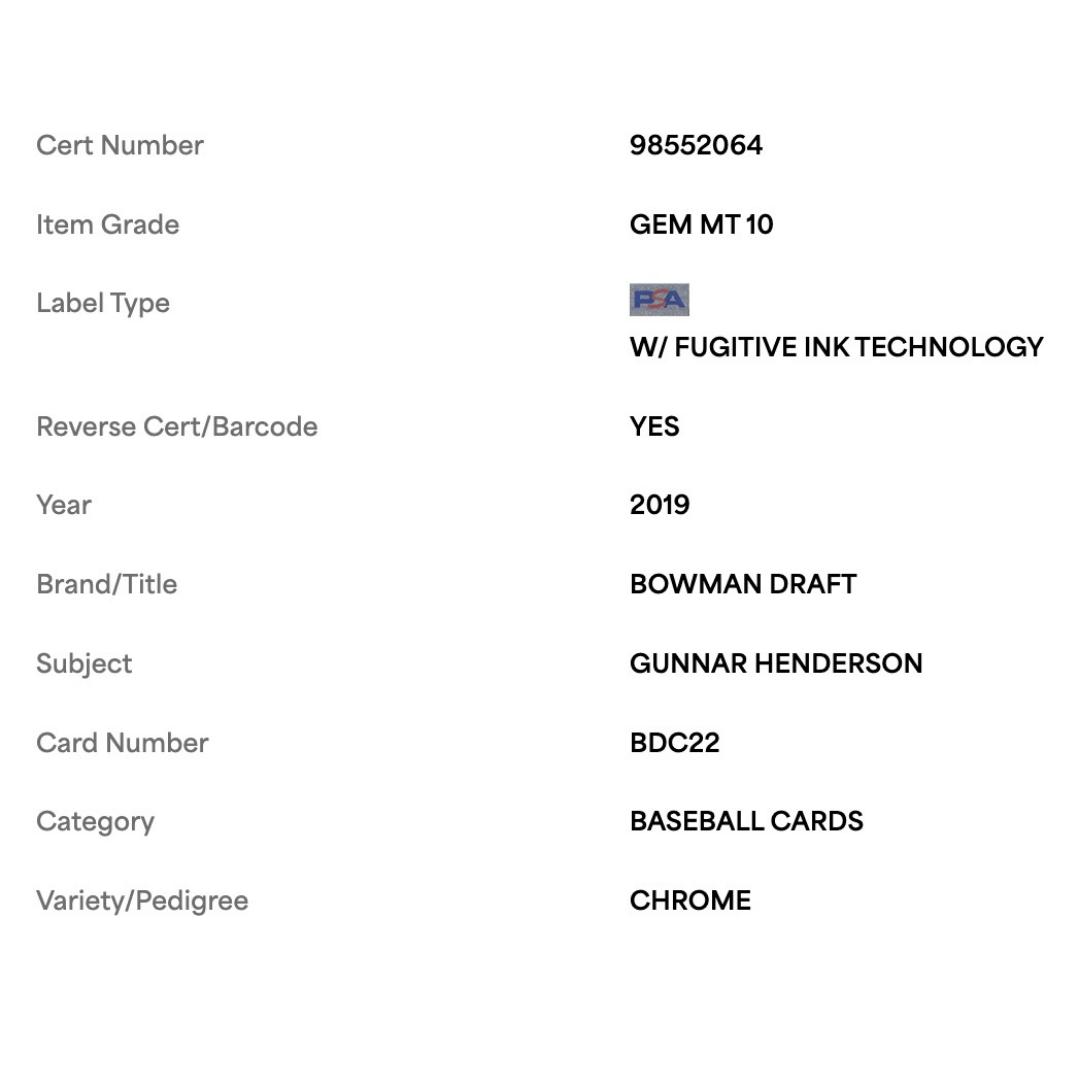 Gunnar Henderson PSA 10 2019 Topps Bowman Draft Chrome Card #BCD22