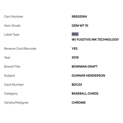 Gunnar Henderson PSA 10 2019 Topps Bowman Draft Chrome Card #BCD22