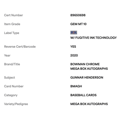 Gunnar Henderson PSA 10 2020 Topps Bowman Chrome Mega Box Autographs Card #BMAGH