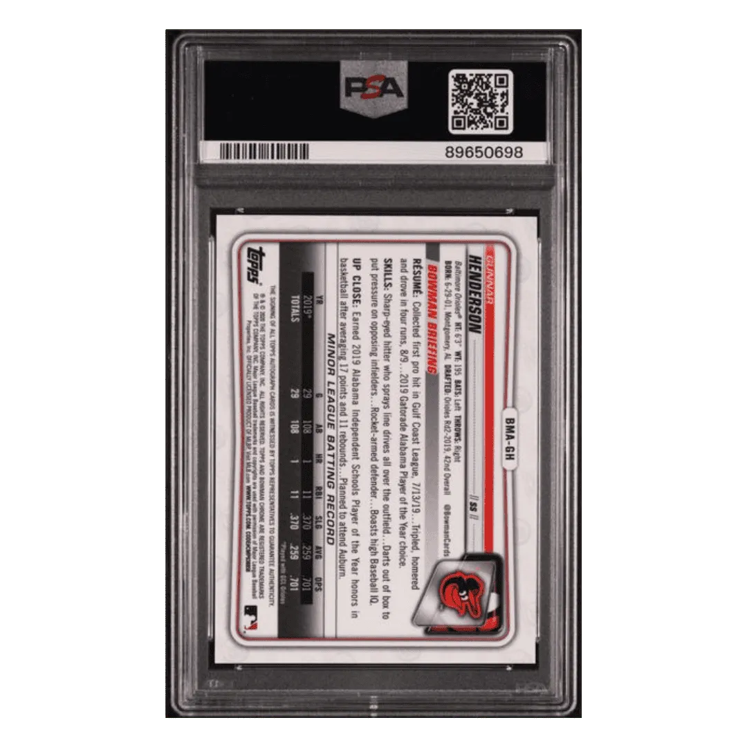 Gunnar Henderson PSA 10 2020 Topps Bowman Chrome Mega Box Autographs Card #BMAGH