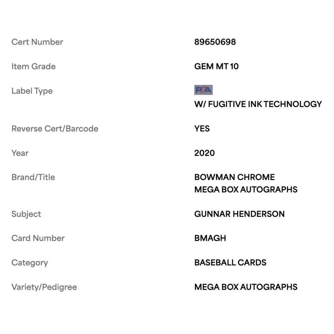 Gunnar Henderson PSA 10 2020 Topps Bowman Chrome Mega Box Autographs Card #BMAGH