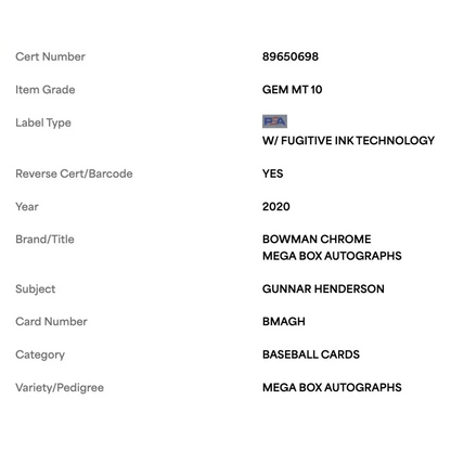Gunnar Henderson PSA 10 2020 Topps Bowman Chrome Mega Box Autographs Card #BMAGH
