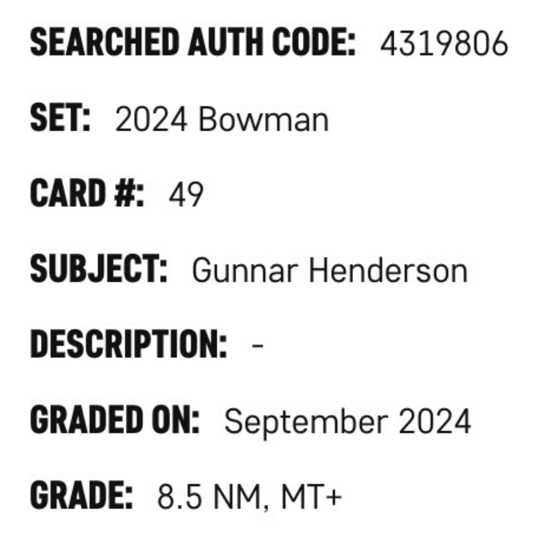 Gunnar Henderson SGC 8.5 2024 Bowman Card #49