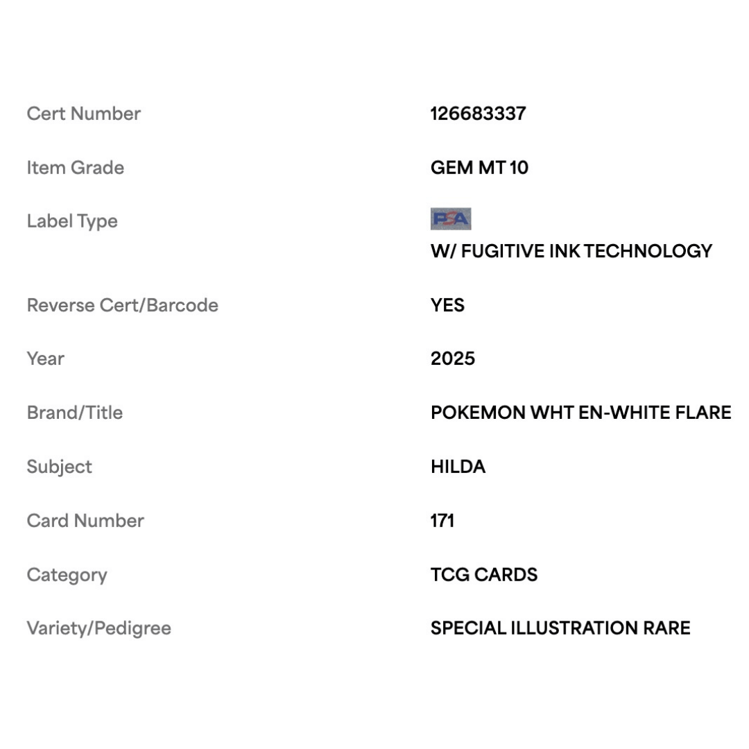 Hilda PSA 10 2025 Pokemon White EN- White Flare Special Illustration Rare Card #171