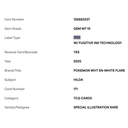 Hilda PSA 10 2025 Pokemon White EN- White Flare Special Illustration Rare Card #171