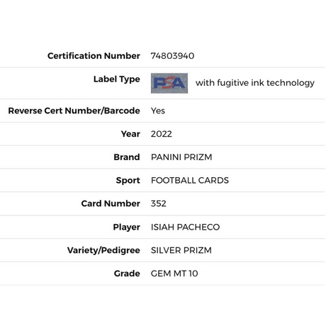 Isiah Pacheco PSA 10 2022 Panini Prizm Silver Prizm Rookie RC Card #352