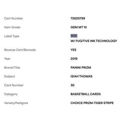 Isiah Thomas PSA 10 2019 Panini Prizm Choice Prizm - Tiger Stripe Card #30