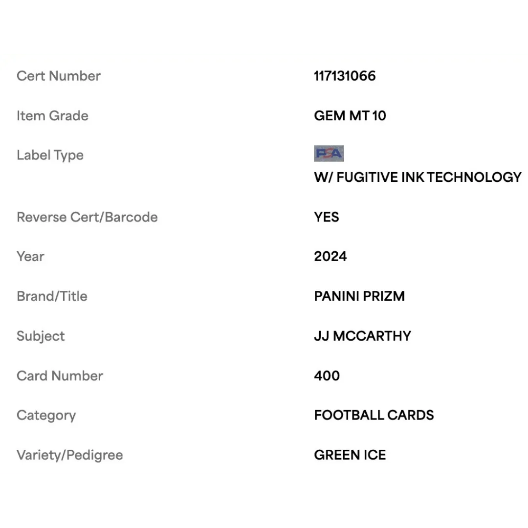 J.J. McCarthy PSA 10 2024 Panini Prizm Green Ice Rookie RC Card #400