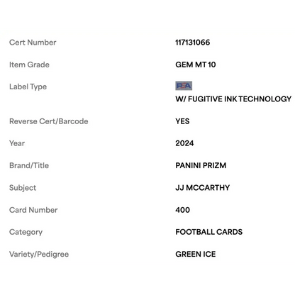 J.J. McCarthy PSA 10 2024 Panini Prizm Green Ice Rookie RC Card #400