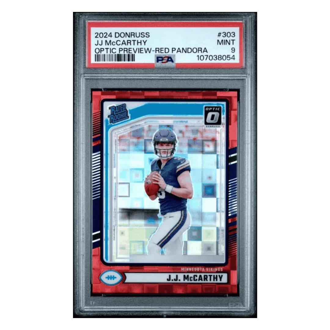 J.J. McCarthy PSA 9 2024 Panini Donruss Optic Preview Red Pandora Card #303