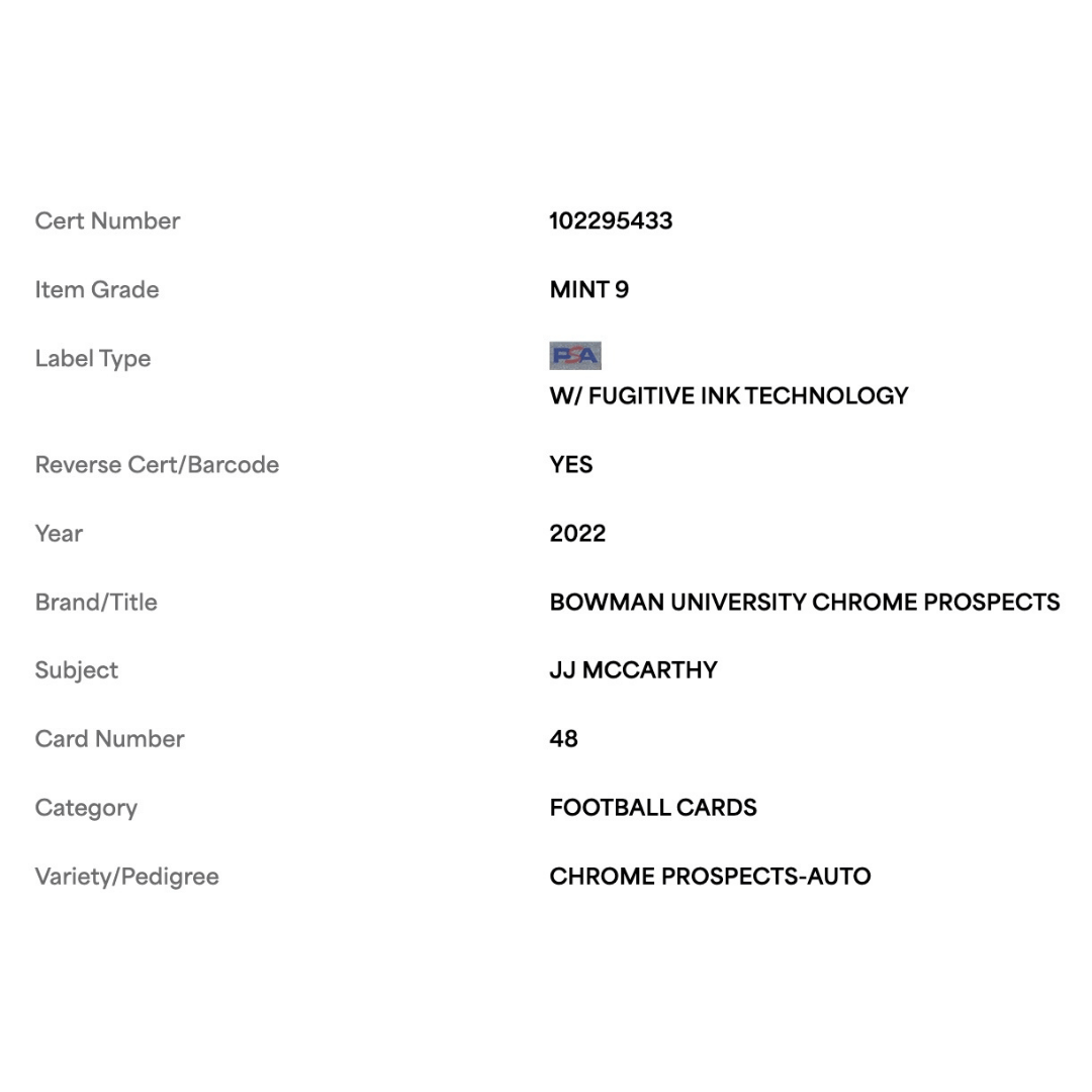 J.J. McCarthy PSA 9 2022 Topps Bowman University Chrome Prospects Auto Rookie Card #48