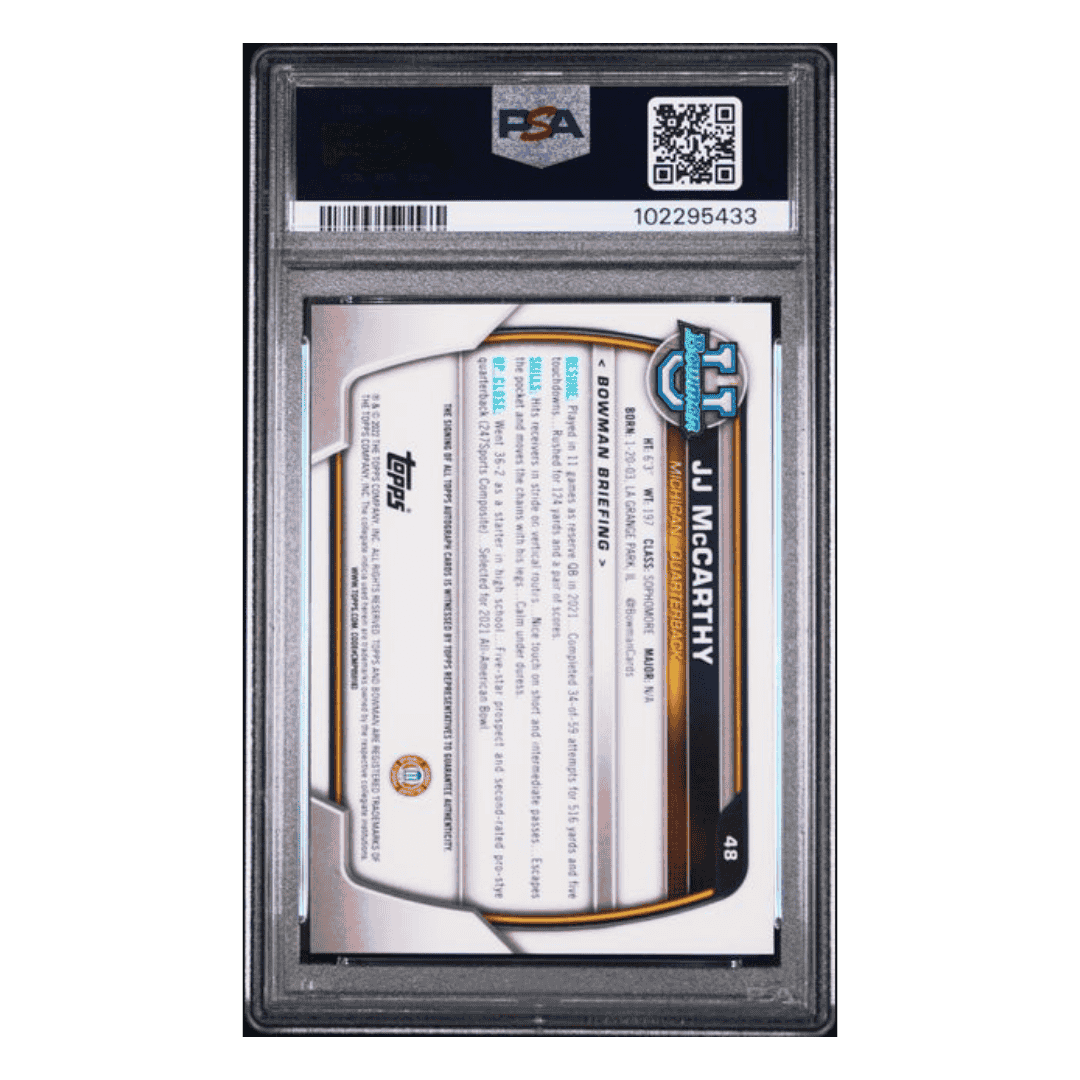 J.J. McCarthy PSA 9 2022 Topps Bowman University Chrome Prospects Auto Rookie Card #48