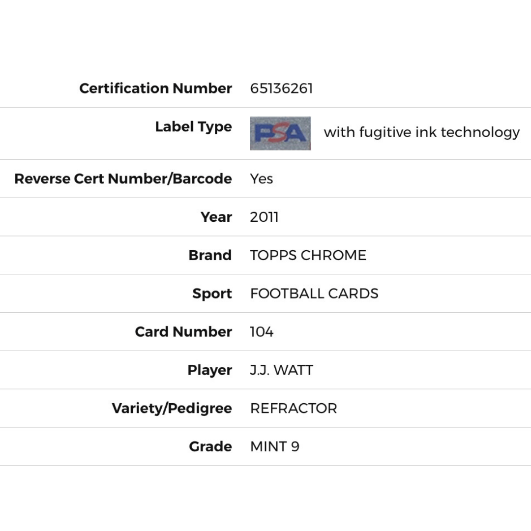 J.J. Watt PSA 9 2011 Topps Chrome Refractor Rookie RC Card #104