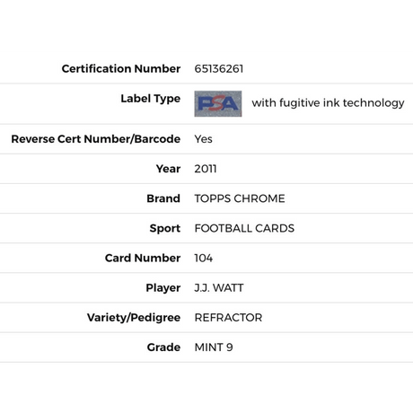 J.J. Watt PSA 9 2011 Topps Chrome Refractor Rookie RC Card #104