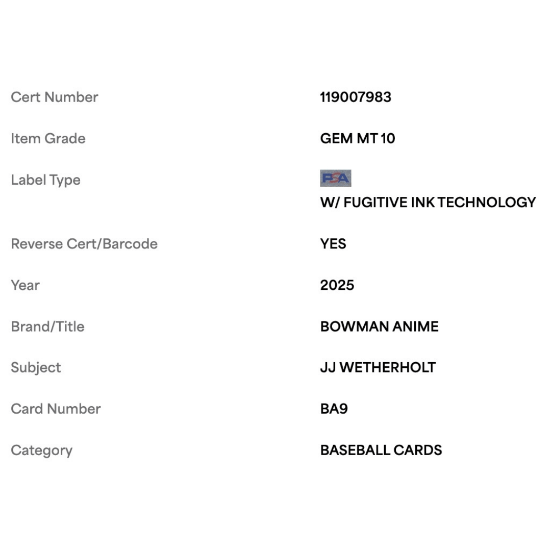 J.J. Wetherholt PSA 10 2025 Topps Bowman Anime Card #BA9