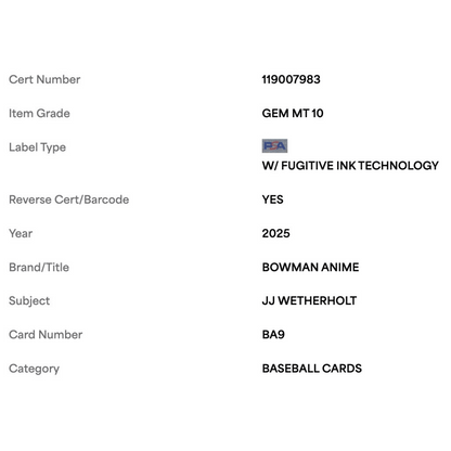 J.J. Wetherholt PSA 10 2025 Topps Bowman Anime Card #BA9