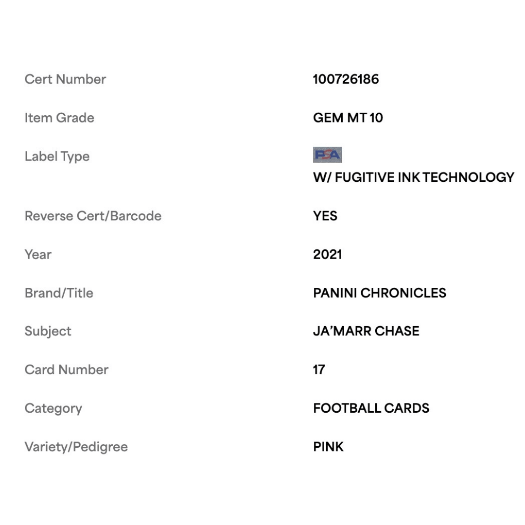 Ja'Marr Chase PSA 10 2021 Panini Chronicles Pink Rookie RC Card #17