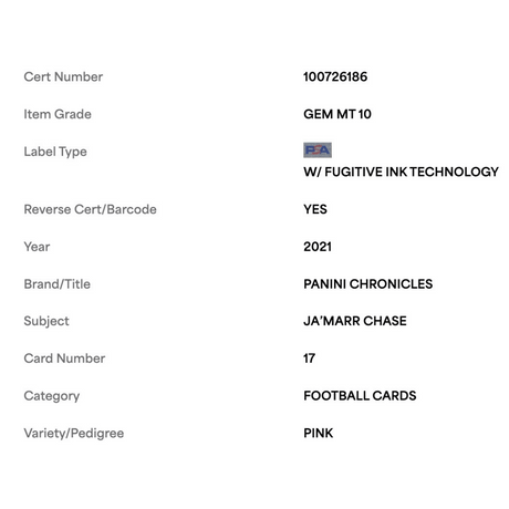 Ja'Marr Chase PSA 10 2021 Panini Chronicles Pink Rookie RC Card #17