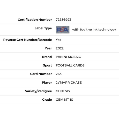 Ja'Marr Chase PSA 10 2022 Panini Mosaic Genesis Card #263