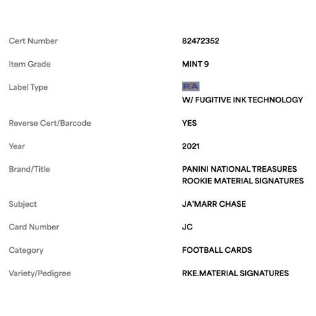 Ja'Marr Chase PSA 9 2021 Panini National Treasures Rookie Materials Signatures Rookie RC #d/99 Card #JC