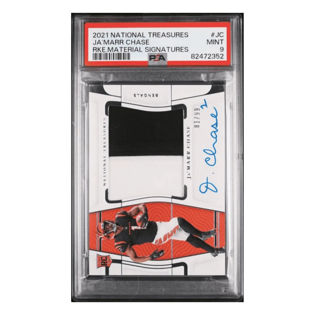 Ja'Marr Chase PSA 9 2021 Panini National Treasures Rookie Materials Signatures Rookie RC #d/99 Card #JC