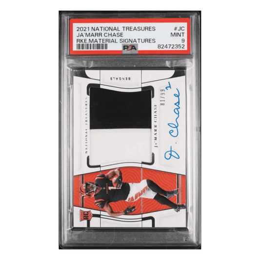 Ja'Marr Chase PSA 9 2021 Panini National Treasures Rookie Materials Signatures Rookie RC #d/99 Card #JC