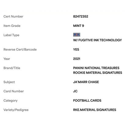 Ja'Marr Chase PSA 9 2021 Panini National Treasures Rookie Materials Signatures Rookie RC #d/99 Card #JC