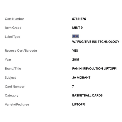 Ja Morant PSA 9 2019 Panini Revolution Liftoff! Card #7