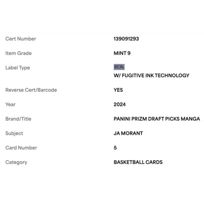 Ja Morant PSA 9 2024 Panini Prizm Draft Picks Manga Card #5